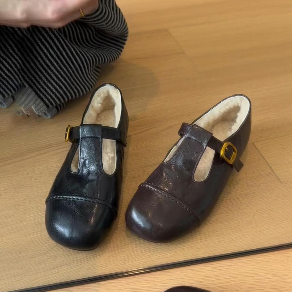marry jane shoes รองเท้า marry jane รองเท้าMary Jane แบบห่อหุ้มข้อ สีพื้นToe warm T-buckle เหมาะสำหร