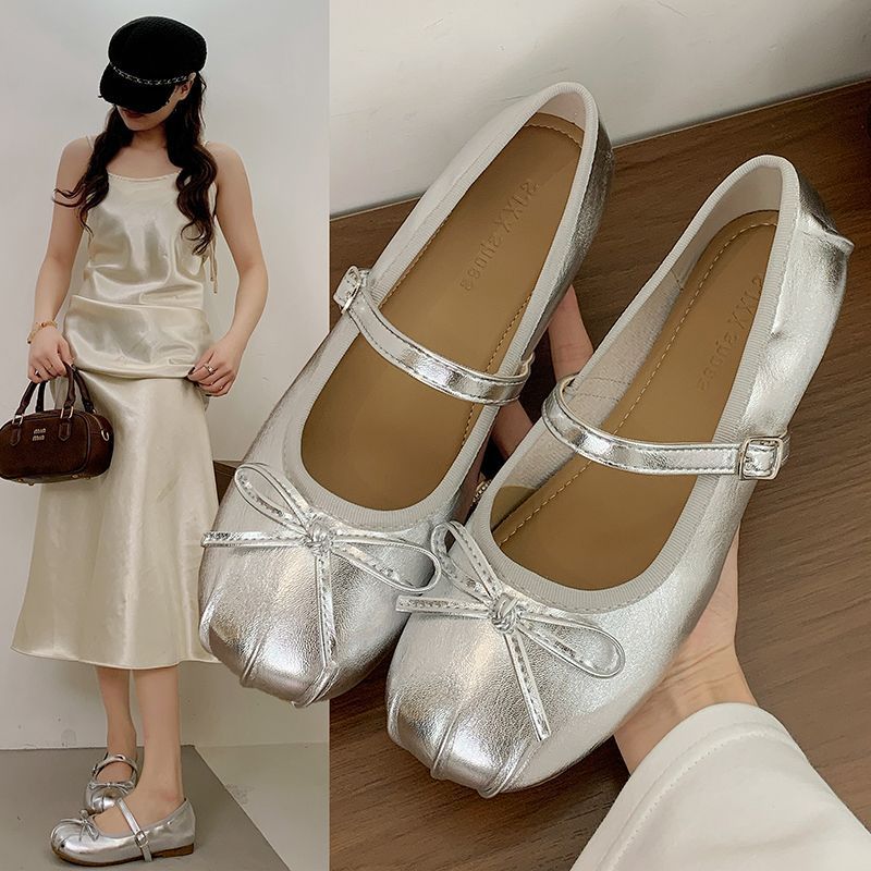 รองเท้า marry jane marry jane shoes รองเท้าMary Jane หนังเงิน ดีไซน์โบว์แบบฝรั่งเศส ทรงแบน สไตล์หรูห
