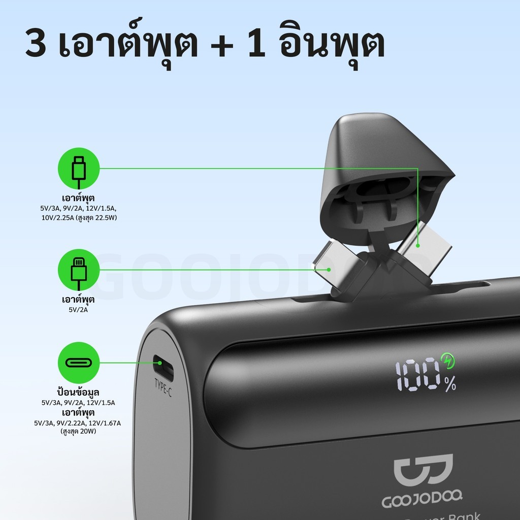 GOOJODOQ 10000mAh Power Bank 22.5W Ultra Fast Charging Built-in Lightning & USB-C Interfaces Precise LED Display Screen รูปที่ 7