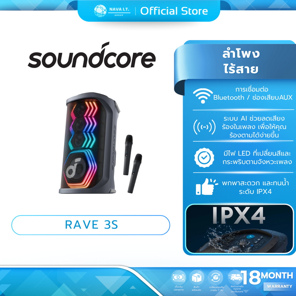 Soundcore by Anker Rave 3S Partybox KaraokeSpeaker ฟังก์ชั่นไกด์เสียงร้อง Ai ลำโพงปาร์ตี้ ไร้สายแบบพ