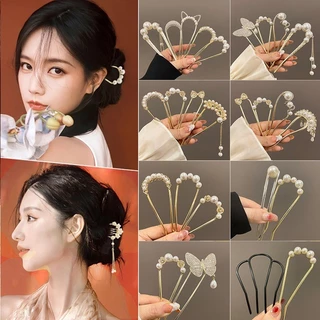 คลิップตัว U สไตล์เกาหลี พร้อมเพอร์ลพู่ สำหรับแต่งผมของผู้หญิง