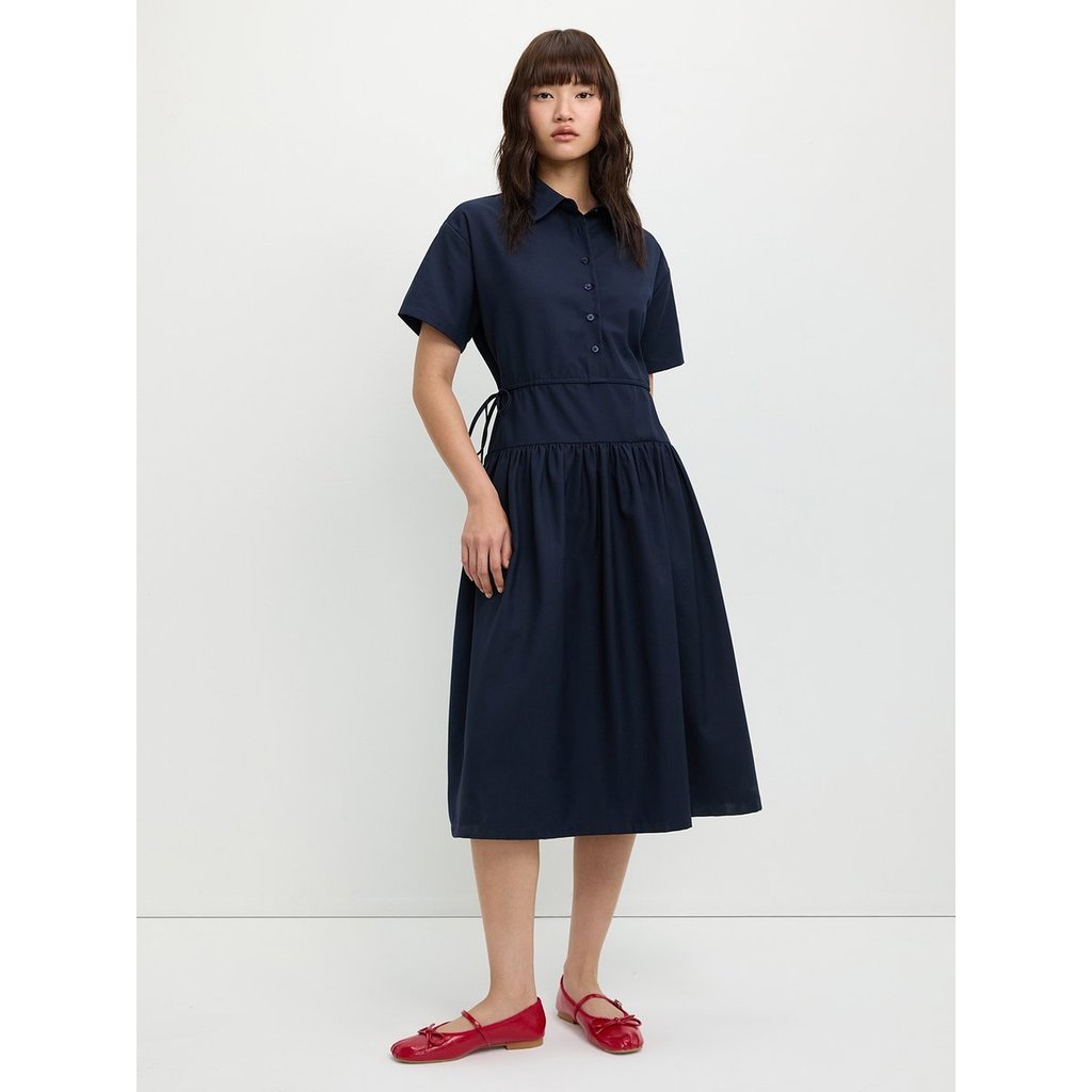 [Pomelo] เดรสทรงเชิ้ตแขนสั้นดีเทลรูดเอว / Short Sleeve Shirt Dress with Double Drawstring Waist – Navy – โปรปัง