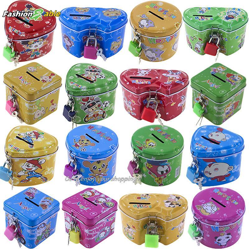 Fashion.shop03 น่ารักการ์ตูนสแควร์ดีบุกโลหะ Piggy Bank ประหยัดเหรียญเงินสดกล่องเงินเด็กของเล่นเด็กขอ