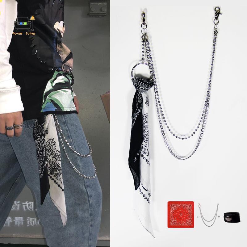 [Onw] Unisex Hip Hop KeyChain Jean Wallet Belt Chain Ro Punk Ribbon Biker Headscarf Metal Waist Chai