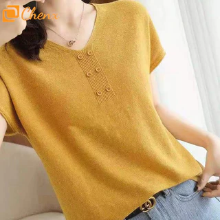 เสื้อแขนสั้นผู้หญิง แบบคล้องคอวี สไตล์เรียบหรู
