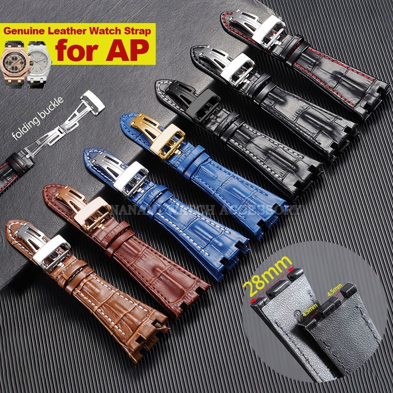 28 มม.พรีเมี่ยมสายนาฬิกาหนังแท้สําหรับ AP Royal Oak Offshore นาฬิกาเหล็กพับ Clasp สร้อยข้อมือผู้ชายผ