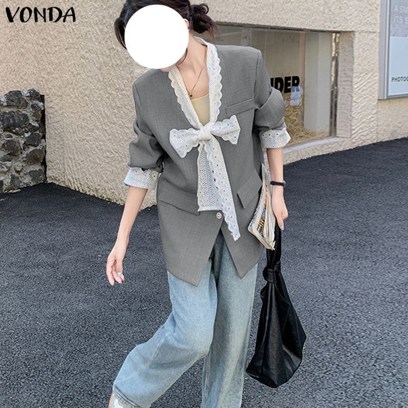 VONDA بليزر نسائي كوري بياقة V ودانتيل — صورة 5