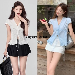 Cherry🍋 พร้อมส่ง🌻รูปร่างสูงแน่น ลดน้ำหนักให้ดูสวยV-neck แขนสั้นสายรัดเอวลายดอกบัวชุดเที่ยวทะเลคาเฟ่งานโชว์ปาร์ตี้ชุดออ