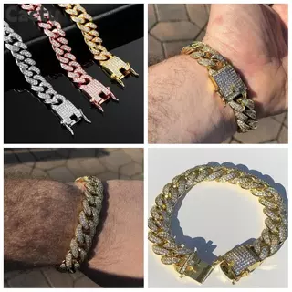 Cactu ใหม่ สร้อยข้อมือโซ่ ฝังพลอยเทียม กว้าง 12 มม. สไตล์ฮิปฮอป หรูหรา แวววาว แฟชั่น สําหรับผู้หญิง และผู้ชาย