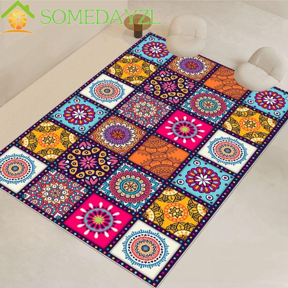 SOMEDAYZL พรมปูพื้น Mandala, พรมปูพื้นสี่เหลี่ยมผืนผ้าสไตล์โบฮีเมียน, พรมลายตารางกันลื่นลายดอกไม้ Mandala ทนทานห้องครัว/ห้องนั่งเล่น