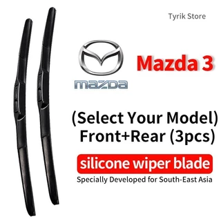 (ด้านหน้า+ด้านหลัง 3 ชิ้น) Mazda 3 wiper blade ชุดใบปัดน้ำฝน สำหรับปี 2004-2023 Mazda3 Hatchback Sportback Fastback แบบซิลิโคน ใบปัดน้ำฝนแบบโค้ง (banana type) กระจกหลังและกระจกหน้ารถ