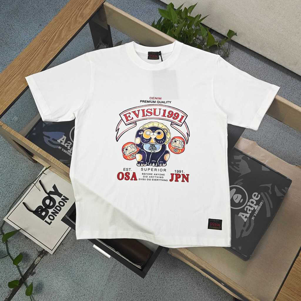 EVISU/God of Fortune 2026 คลาสสิกรอบคอแขนสั้นเสื้อยืดผู้ชายผู้หญิงสไตล์สบายใหม่ All-Match ฐานด้านในท
