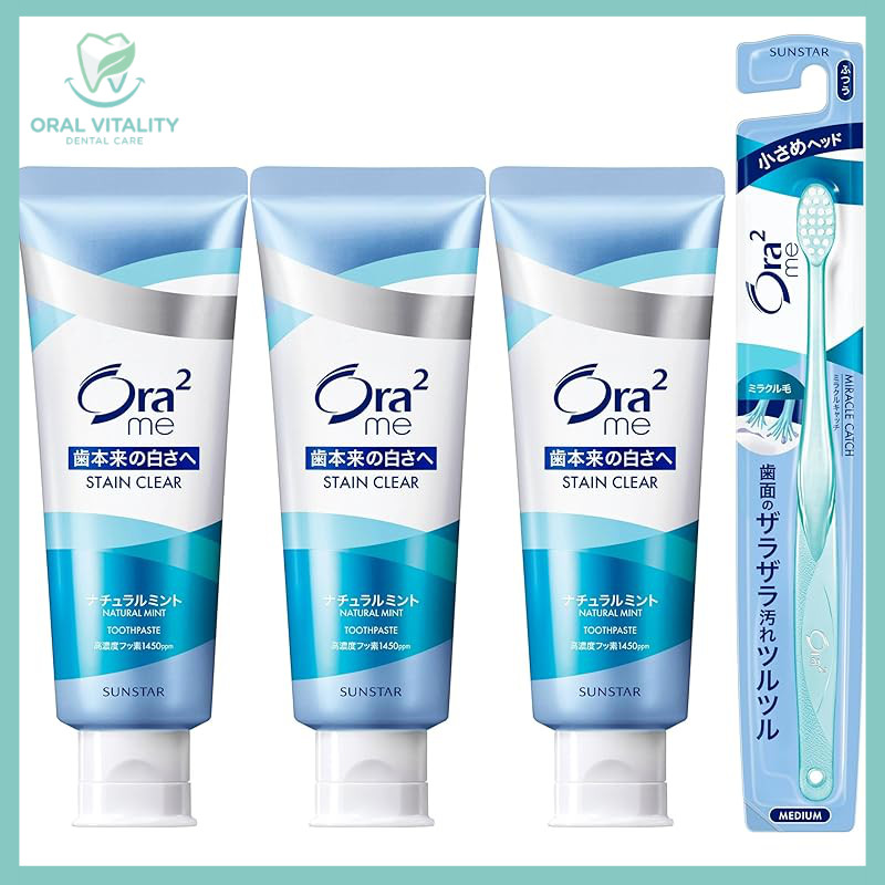 Ora2 Me Stain Clear Whitening Toothpaste Bundle (130g x 3) with Toothbrush - Multiple Fresh Flavors 