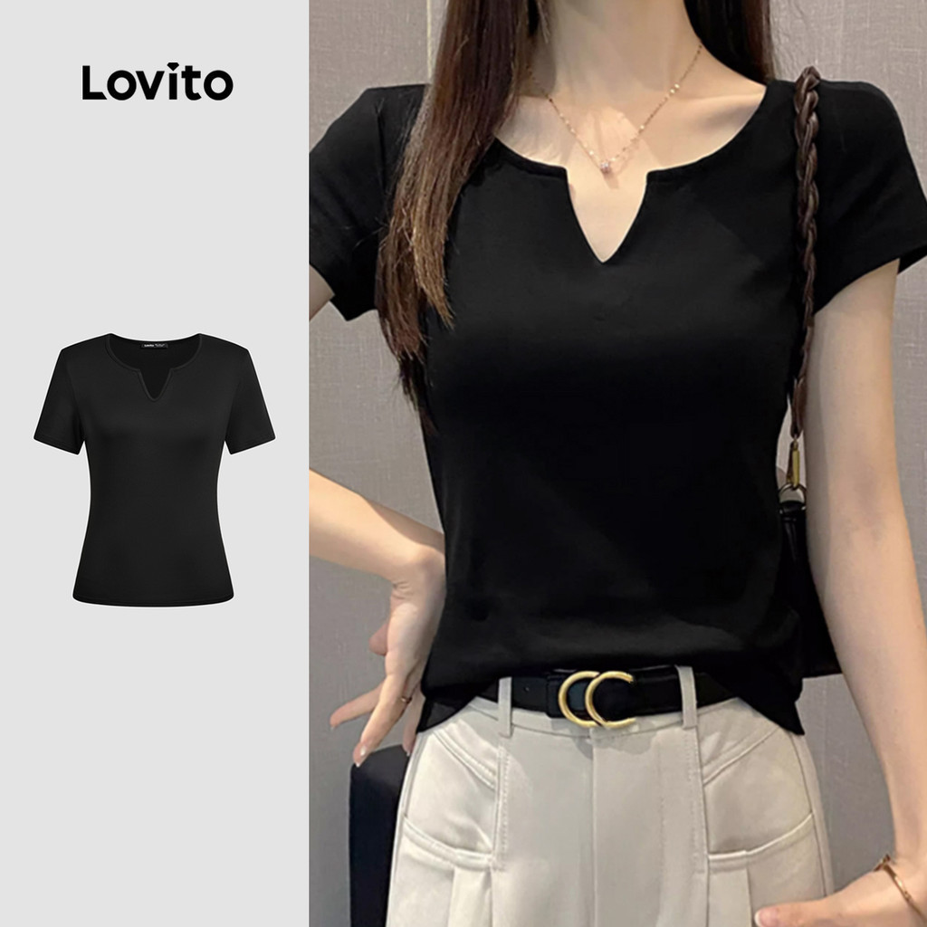 Lovito แคชชวล เสื้อยืด Simple Commute เสื้อยืด Simple Commute ฤดูใบไม้ผลิ/ฤดูร้อน สีดำ สำหรับผู้หญิง L138ED045