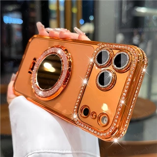 เคสเพชรประกายสําหรับ IPhone 17 16 15 13 14 12 11 Pro Max Plus Air พร้อมกระจกแม่เหล็กขาตั้งป้องกันกล้องเต็มรูปแบบ | ดีไซน์ประกายแวววาวหรูหราสําหรับผู้หญิง