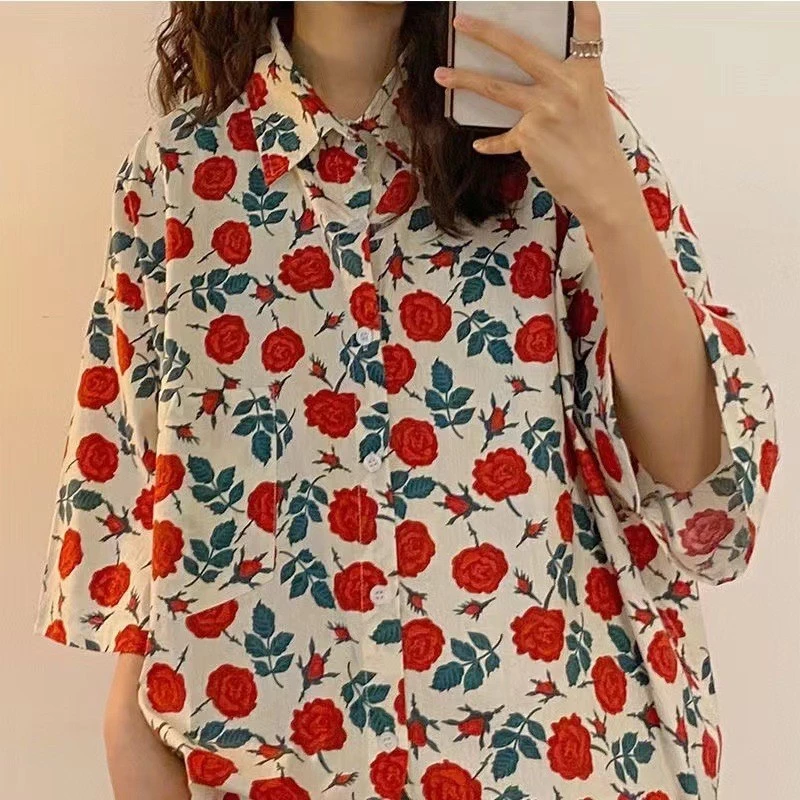 MSD เสื้อสงกรานต์ผู้หญิง ลายดอกไม้ แขนสั้น กระดุมหน้า เสื้อฮาวาย thumbnail 8