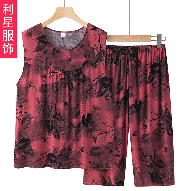 洋气妈妈套装奶奶 夏季无袖T恤两套 宽松大码棉绸薄款老年人夏装背心Foreign Style Mother Suit Grandma Summer Sleeveless T-shirt