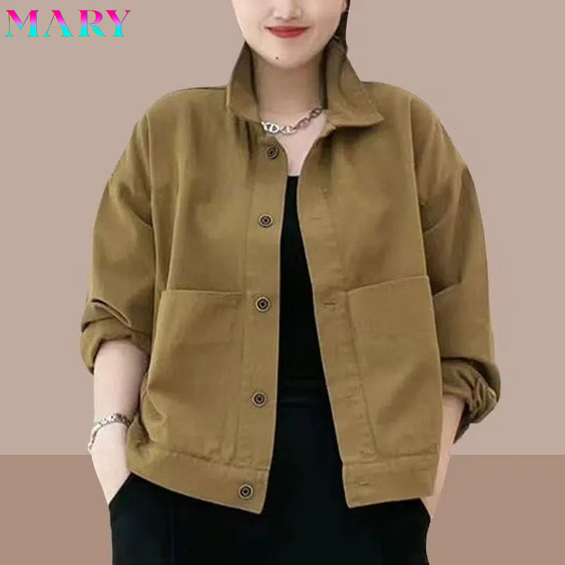เสื้อโค้ทฤดูใบไม้ร่วงฤดูหนาวสไตล์ใหม่สบายๆสีทึบแจ็คเก็ตหลวมทุกการแข่งขันบางสบายกลางอายุสุภาพสตรีด้านบน