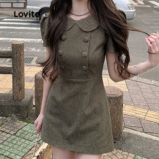 Lovito เดรสผู้หญิงสีเขียวโอลีฟ สไตล์สง่างาม ติดกระดุม สําหรั…