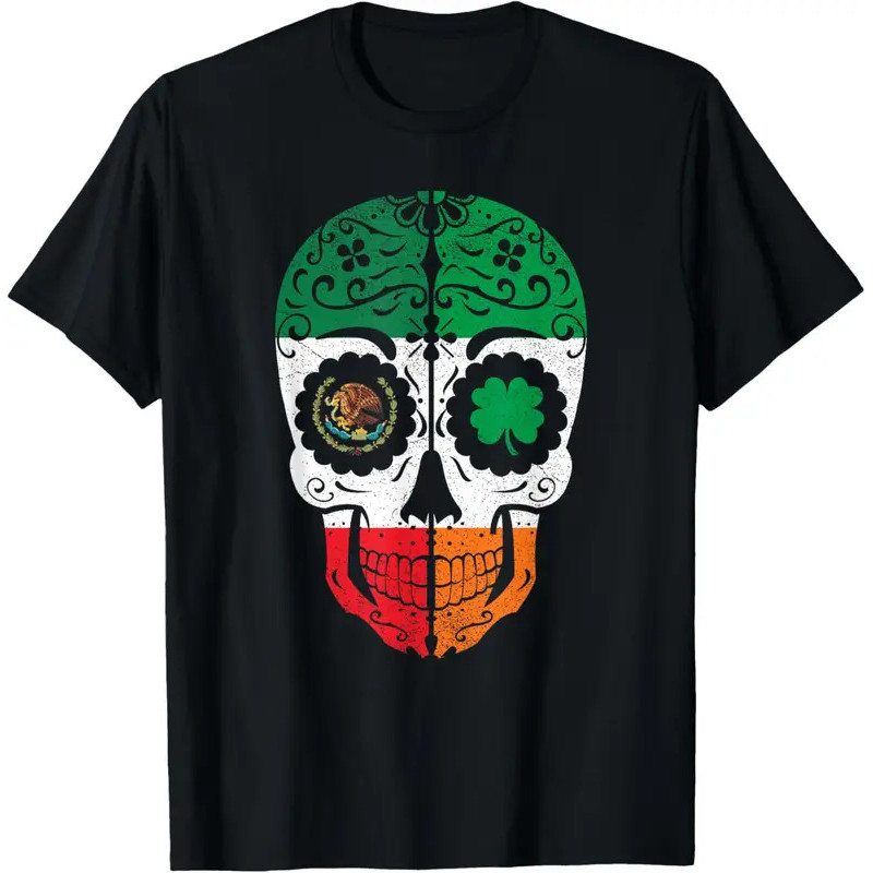 New style for men and women-Mexican Irish Sugar Skull St Patrick Day Mexico Ireland Flag T-Shirt
