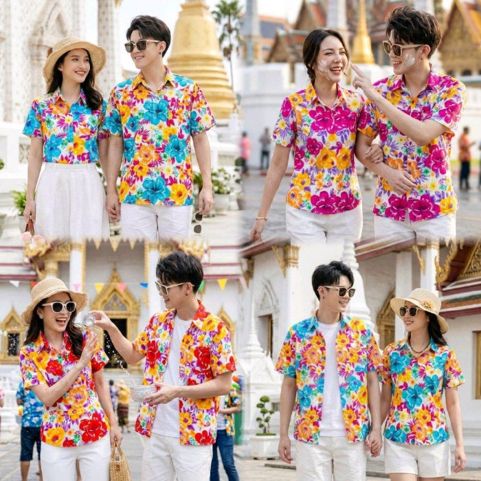 011 เสื้อเชิ้ตลายดอก ผ้าคอตตอน100% สีไม่ตก ผ้าไม่หด ลายคมชัด มีไซส์หญิงชาย 34-56นิ้ว งานไทย ส่งจากไทย*1ตัว*