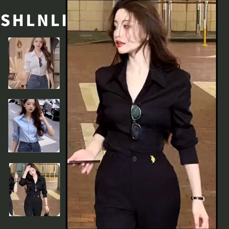 เสื้อโปโลแขนยาวสไตล์เกาหลี Minimalist สำหรับผู้หญิง ฤดูใบไม้ผลিและใบไม้ร่วง ปุ่มด้านบน