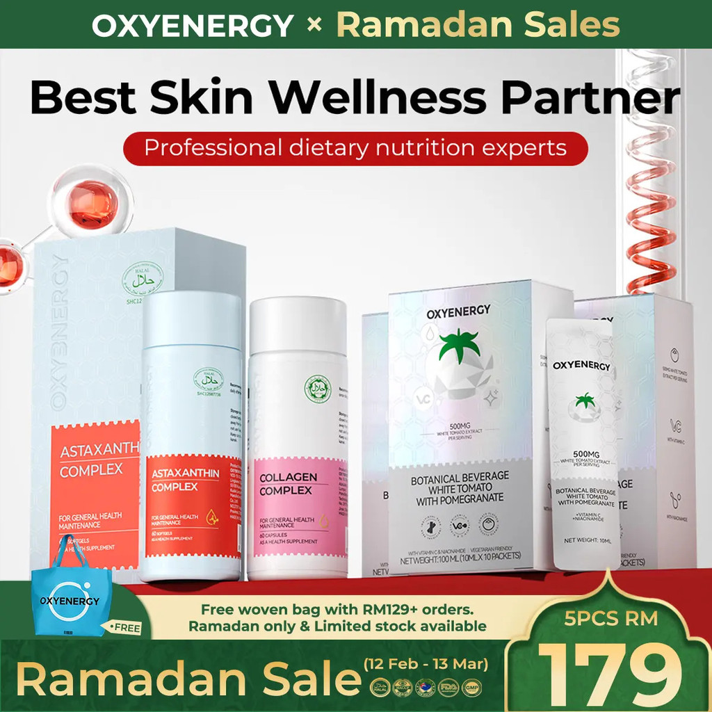 KKM OXYENERGY OXYENERGY Astaxanthin (60's)+Collagen(60's)+White Tomato Drink (10'sx3pcs),Triple Glow