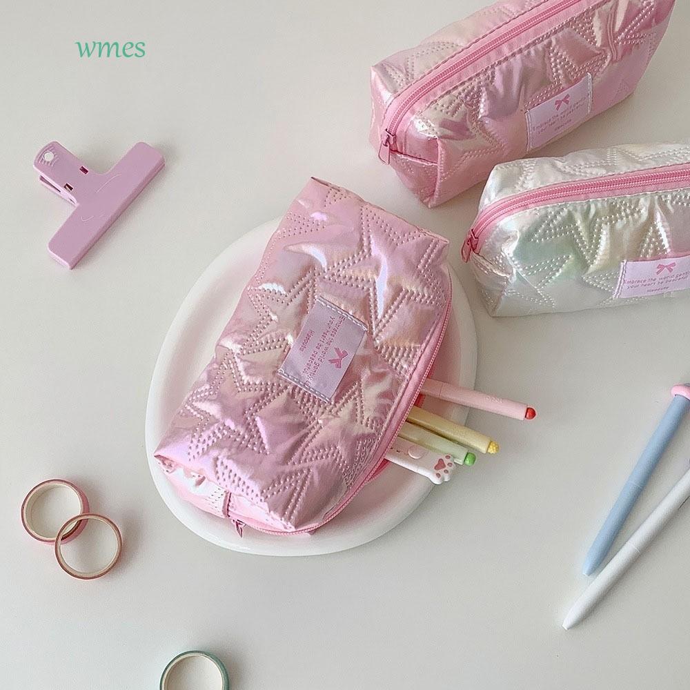 WMES1ZA กล่องดินสอ,Glossy Quilted Storage Bag Star Stationery Bag,Y2K ความจุขนาดใหญ่สไตล์เกาหลีสีทึบ