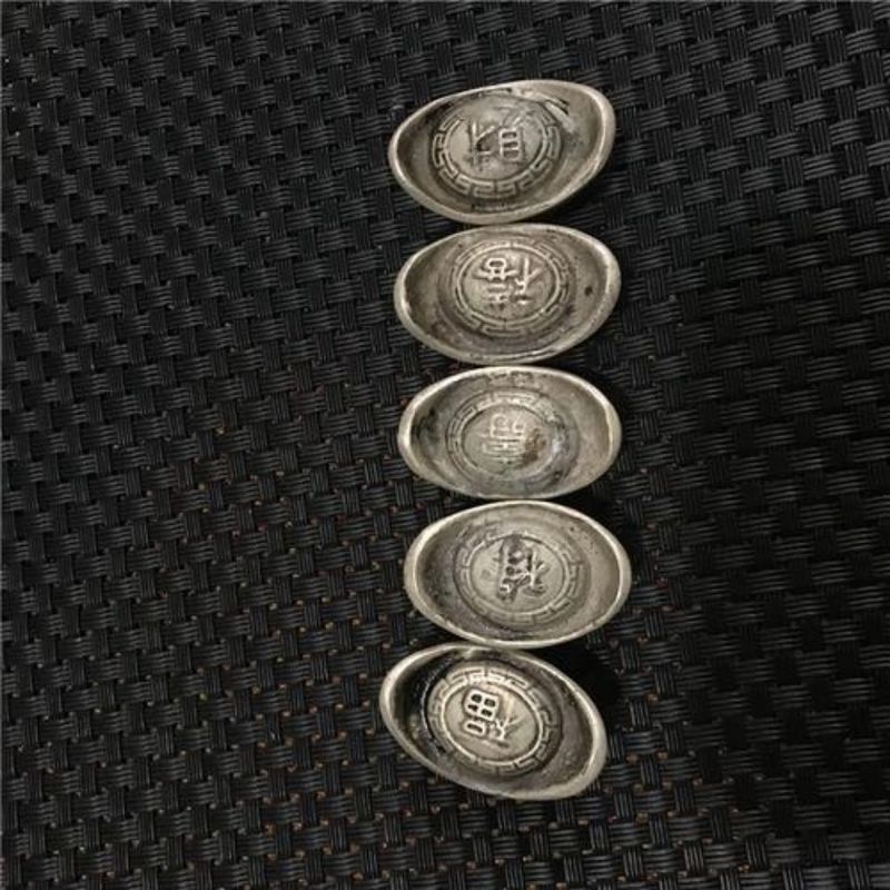 C Qing Dynasty Silver Ingot ขนาดเล็ก Fu Lu Shou Xi Cai หนึ่งชุดราคาเหรียญโบราณเครื่องประดับเหรียญทอง
