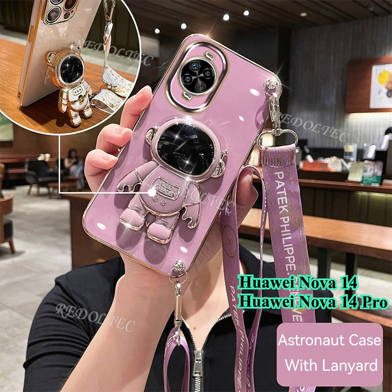 เคส Huawei Nova 14 14Pro ใหม่แฟชั่นน่ารัก 6D Electroplated เคสโทรศัพท์ Huawei Nova 14 Pro พร้อมนักบินอวกาศขาตั้งผู้ถือยาว Crossbody Lanyard สําหรับหญิง