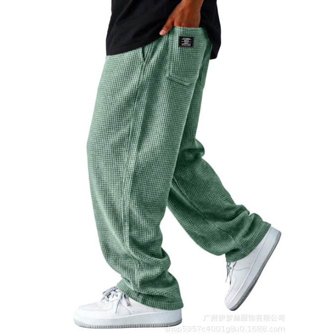 2026 Mens American Street Wear Loose Wide-Leg Waffle Elastic Waist Pocket High Street Casual Pants