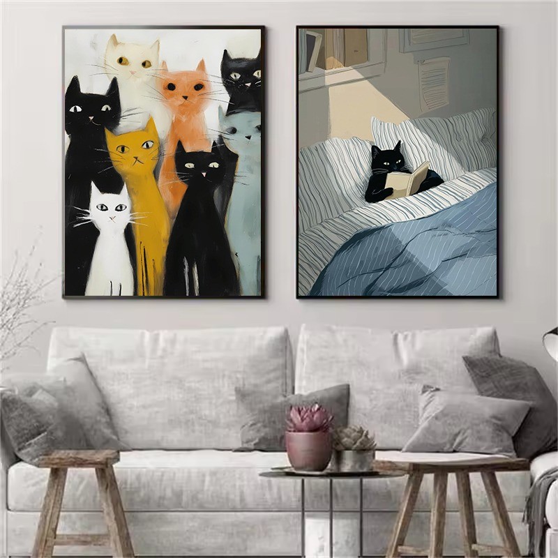 Retro บทคัดย่อ Black Cat อ่านหนังสือ Cozy สัตว์เลี้ยงโปสเตอร์ผ้าใบภาพวาดภาพตกแต่งบ้านสมัยใหม่