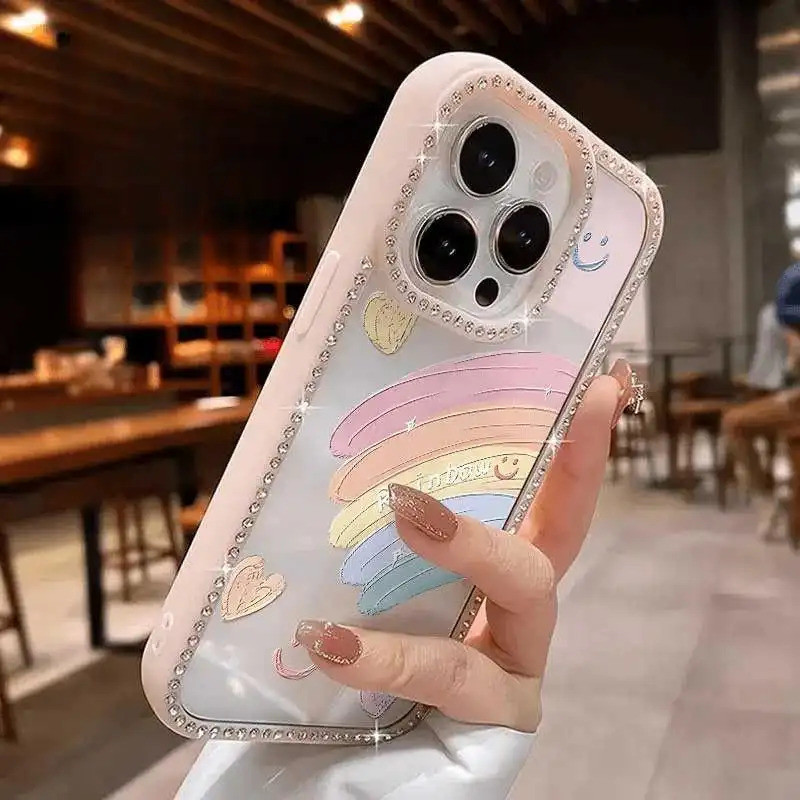 แฟลชเพชรกรอบสายรุ้งยิ้มเคสโทรศัพท์สําหรับiPhone 16 15 14 13 12 11 Pro ProMax Plusกันน้ํากันฝุ่นกันกร