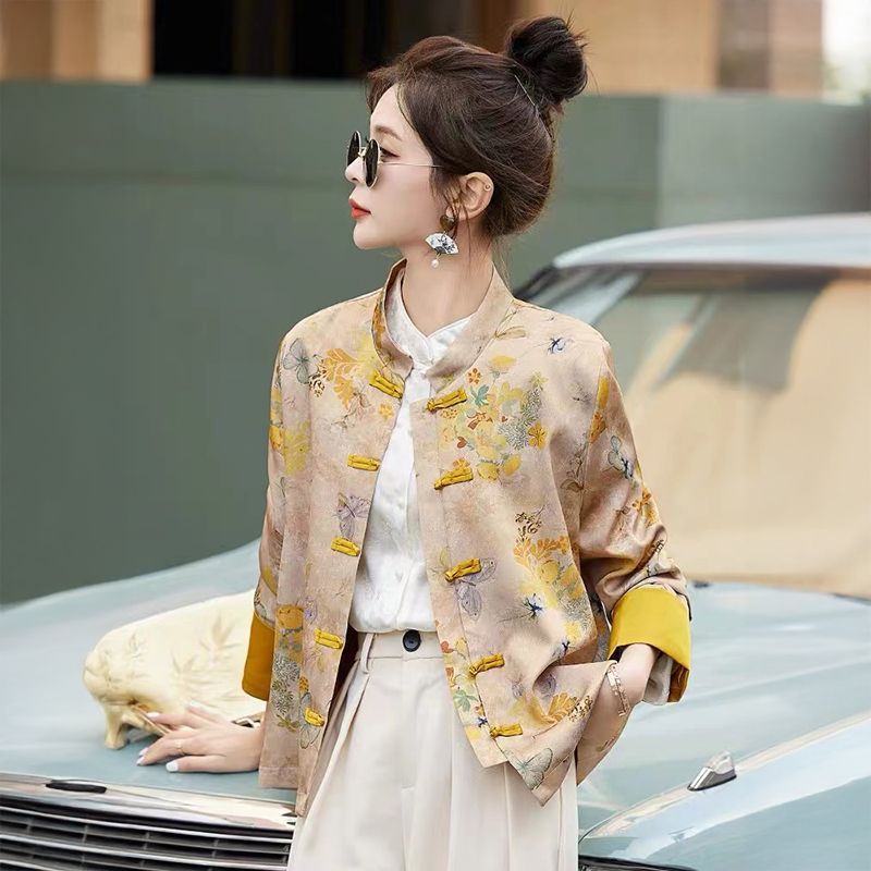 T Tang ชุดสไตล์จีน Small Man ปุ่ม Brocade Retro สไตล์จีนเสื้อแจ็คเก็ตดอกไม้แผ่นฤดูใบไม้ผลิฤดูใบไม้ร่