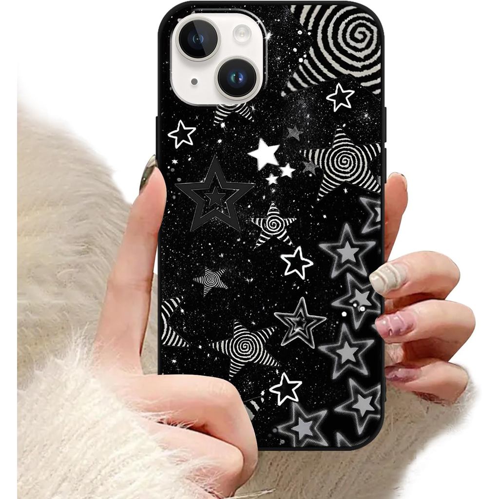 สําหรับ iPhone 13/iPhone 14 6.1 น่ารัก Cool Black Star เคสโทรศัพท์, ความงามอินเทรนด์ Y2K ดาวซิลิโคน 