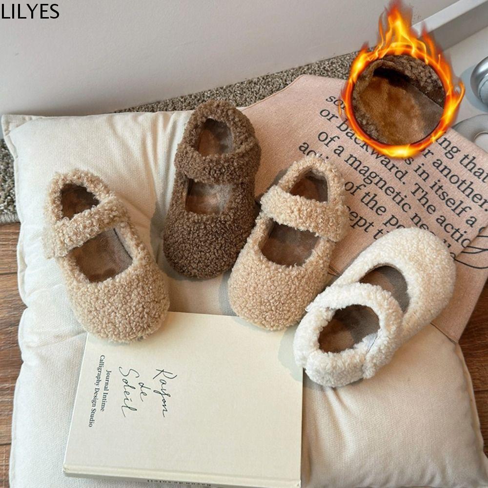LILYES รองเท้าส้นแบนสำหรับเด็กผู้หญิง ออกแบบมีขนแกะและตุ๊กตา เหมาะสวมใส่ในฤดูหนาว กันลื่น