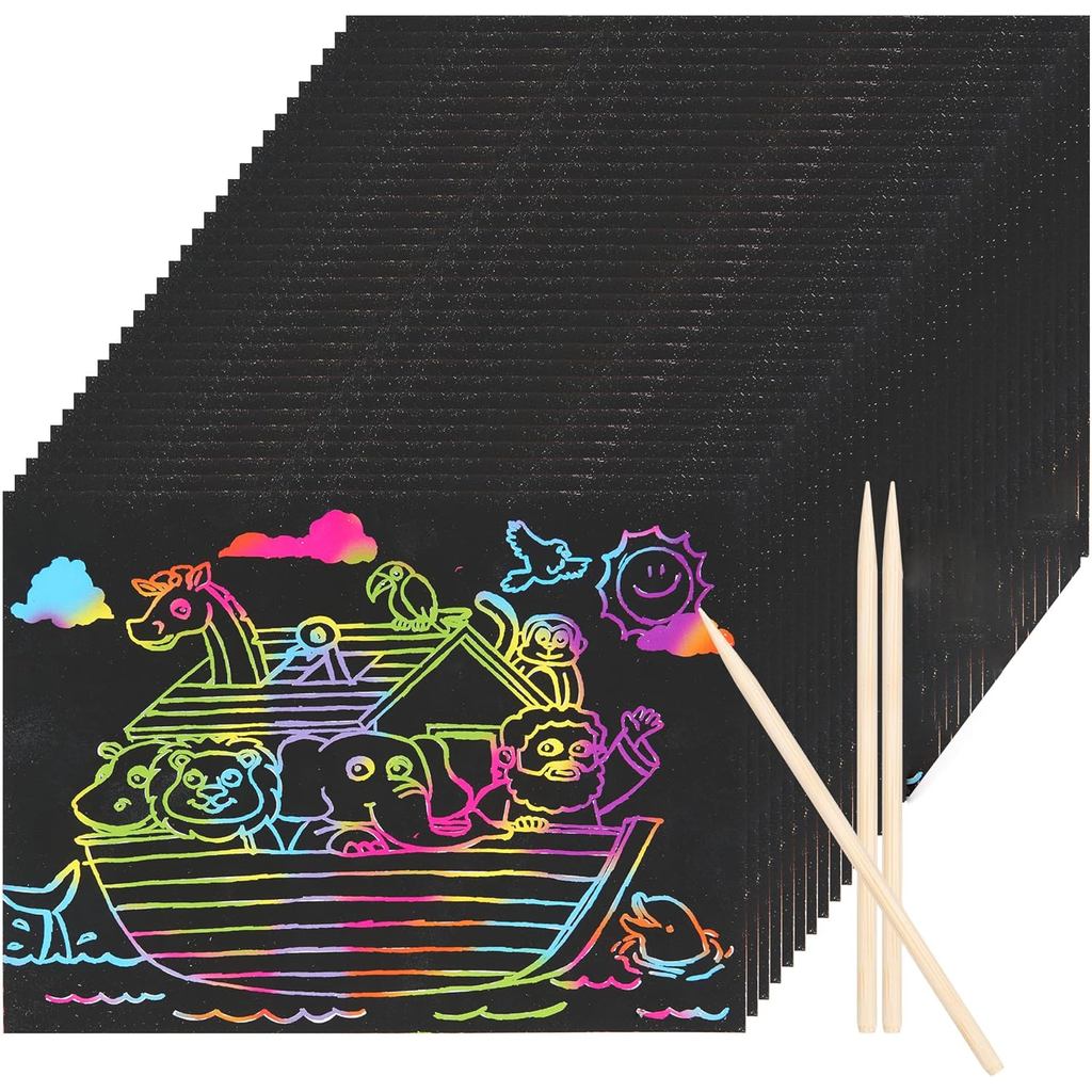 Deresit Noahs Ark Scratch Art Kit – 30 Rainbow Scratch Paper with Stylus, Bible Story & Sunday Schoo