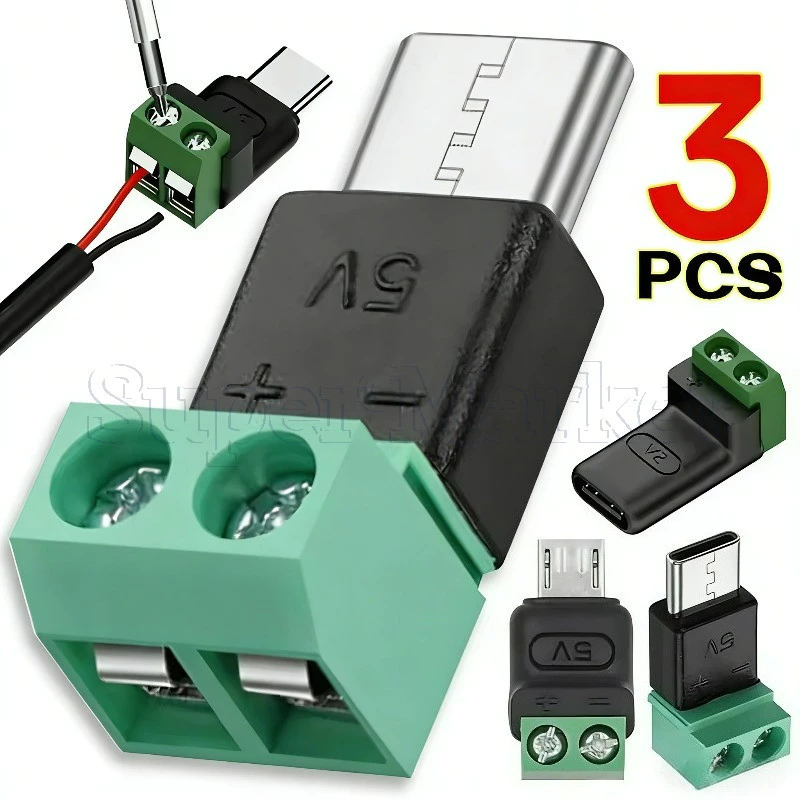 อะแดปเตอร์เทอร์มินัล USB C ถึง 2Pin - สกรู 5V ปลั๊กไร้บัดกรี - บล็อกเทอร์มินัลจีบ 5V - ขั้วต่อการชาร์จการถ่ายโอนข้อมูลสีเขียว - หัวการเชื่อมต่อที่รวดเร็วของโทรศัพท์มือถือ