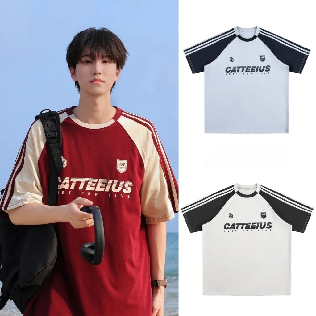 Chaistyle เสื้อยืดผู้ชาย คอกลม สีผสม แขนเสื้อ แขนสั้นสำหรับผู้หญิง ชุดคู่รัก พิมพ์ลาย