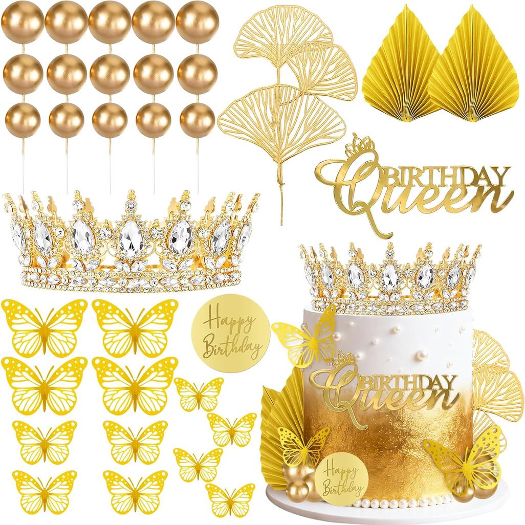 Knana 33 ชิ้น Gold Crown เค้ก Topper ผีเสื้อตกแต่งเค้ก Gold Happy Birthday เค้ก Topper สําหรับ Quee