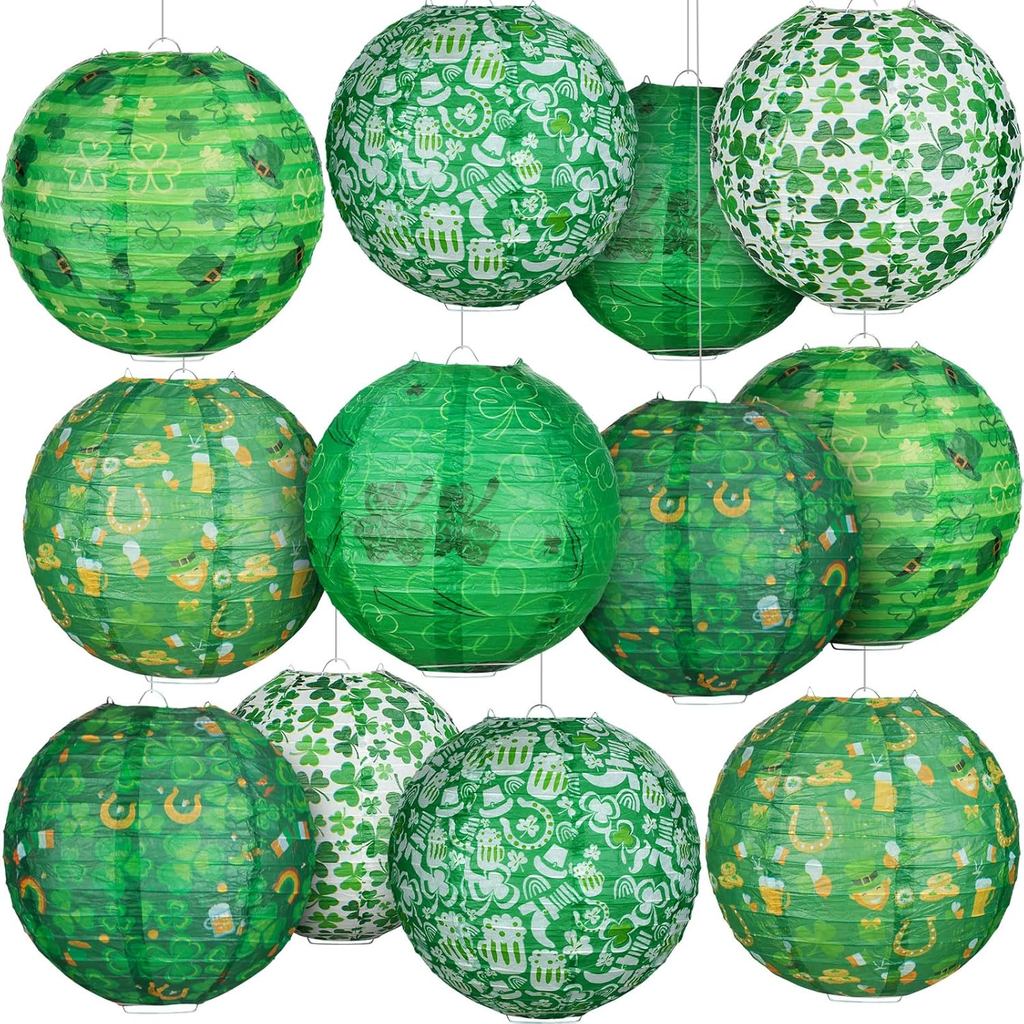 Panelee 12 ชิ้น St Patricks Day Party ตกแต่งโคมไฟกระดาษแขวนรอบสีเขียว Shamrock โคมไฟสําหรับ Irish Fe