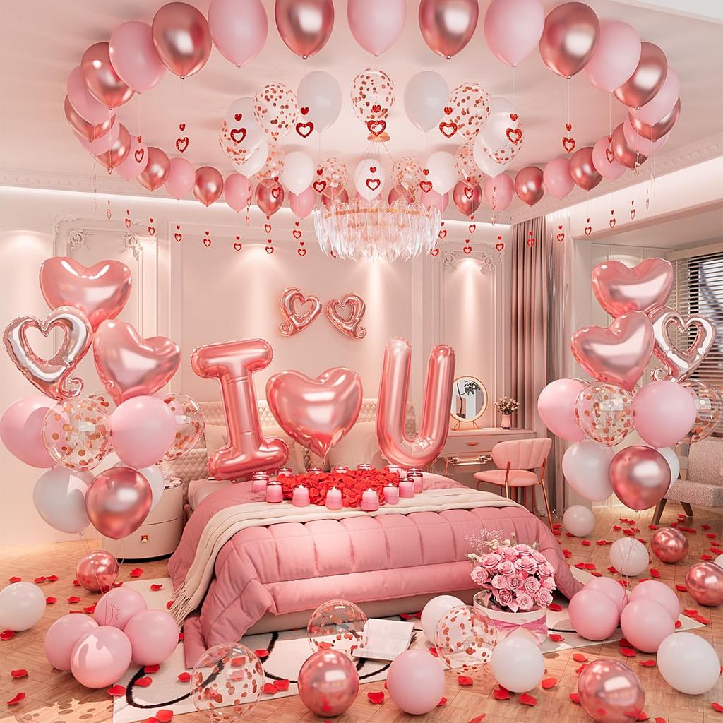 I Love You for Her/Him บอลลูน 87 ชิ้นสีชมพูและสีขาว Rose Gold ชุดบอลลูนรวมรูปหัวใจบอลลูนและ 400 ชิ้น