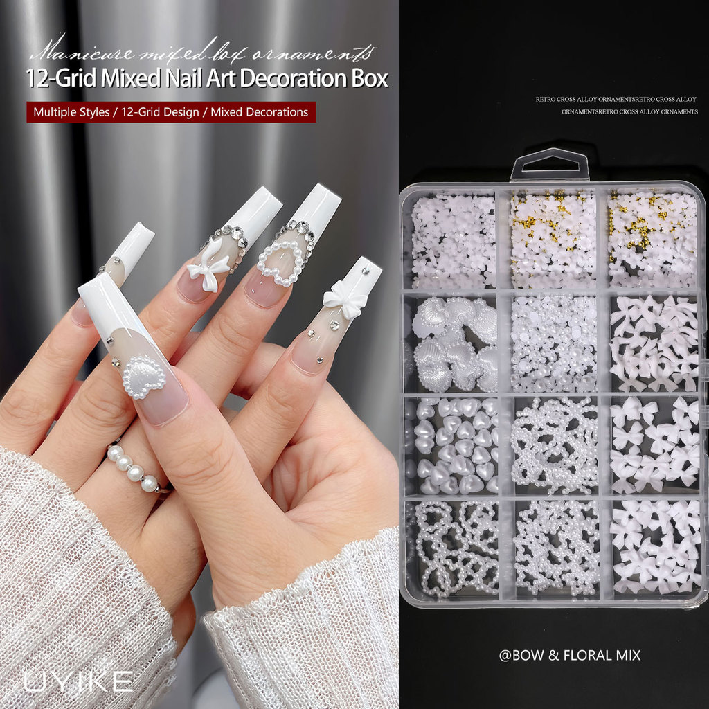 UYIKE สินค้าขายดีผสม Bow & Pearl Nail Art เครื่องประดับ, 12-Grid กล่องเรซิ่น Heart & Five-petal ดอกไม้เล็บอุปกรณ์เสริม