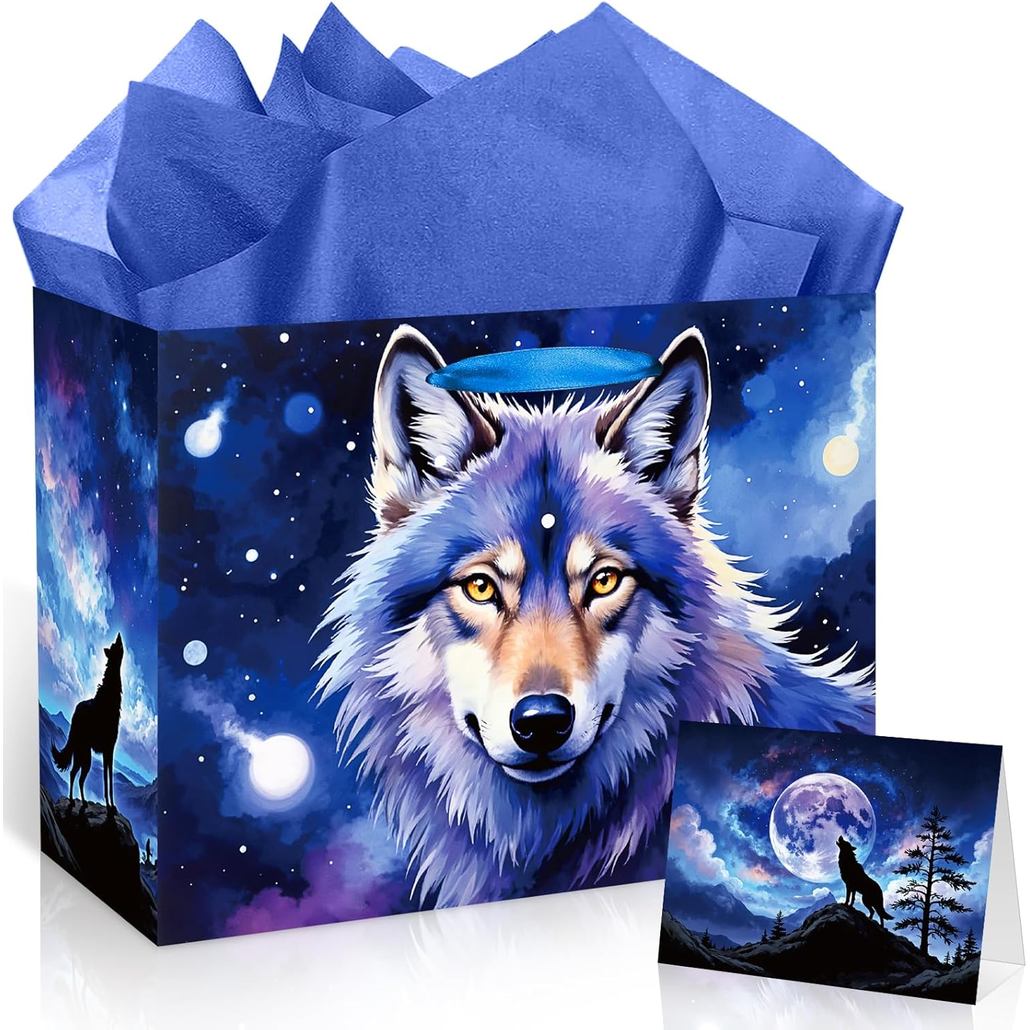 TagreSpike กระเป๋าของขวัญวันเกิดหมาป่า, Galaxy Wolf กระดาษห่อกระดาษทิชชู่การ์ดอวยพร Full Moon Treat 