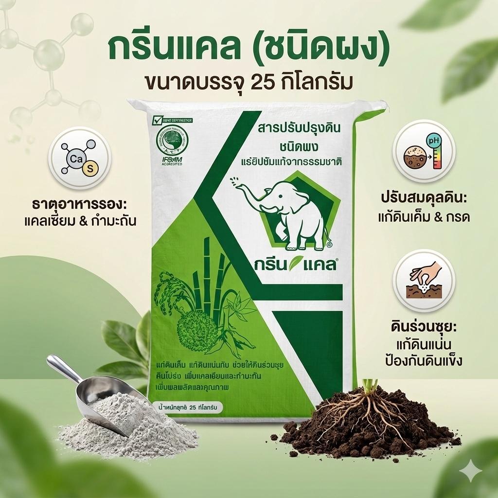 กรีนแคล (ชนิดผง) ขนาด 25 กิโลกรัม ยิปซัมประกอบไปด้วยแคลเซียม กับกำมะถัน ธาตุอาหารรองของพืชทุกชนิด ช่วยให้ดินร่วนซุย