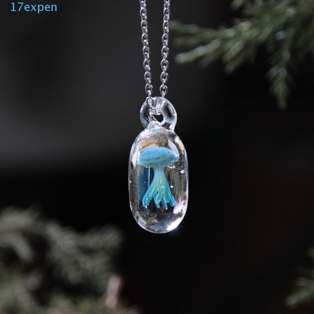 EXPEN สร้อยคอแมงกะพรุนแก้ว, Dreamlike Coloured Glaze Bubble Jellyfish จี้สร้อยคอ, แฟชั่นเครื่องประดับ Handmade Silver Chain Ocean สไตล์ Chain Choker หญิง