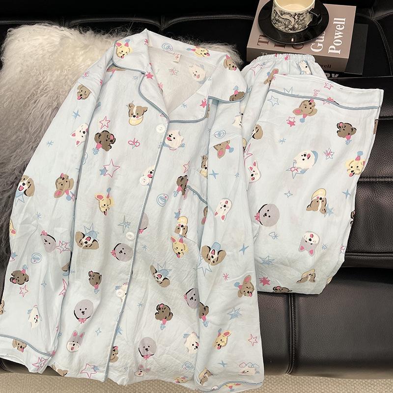 FDS Yunduo ชุดนอนผ้าฝ้ายผู้หญิงกางเกงขายาวคาร์ดิแกนแอปริคอทลายจุดหวานฤดูใบไม้ร่วงนักเรียนชุดบริการที