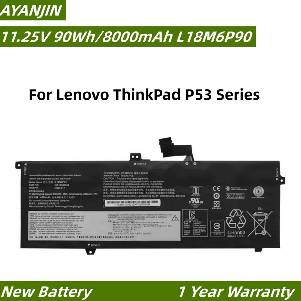 L18M6P90 11.25V 90Wh/8000mAh Laptop Battery For Lenovo ThinkPad P53 Series L18C6P90 02DL028 5B10W139