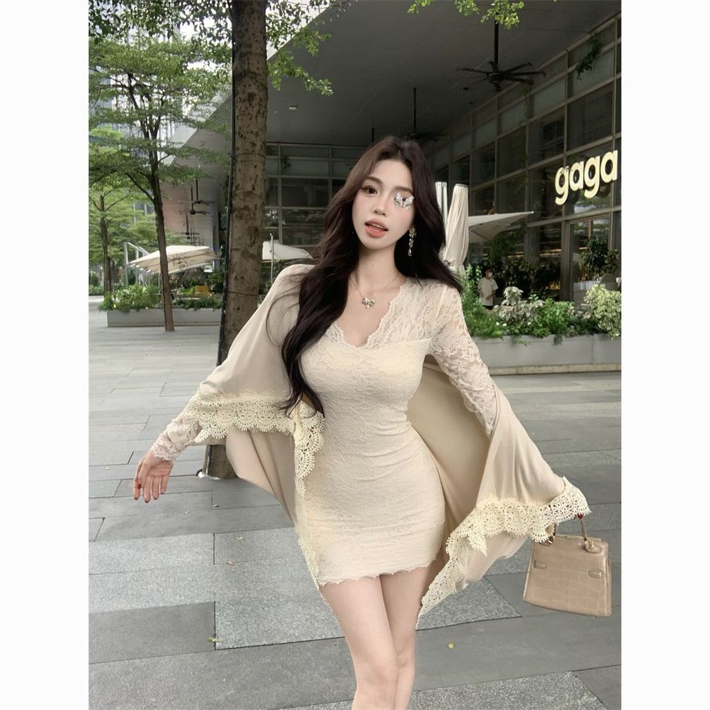 สาวร้อนอารมณ์แคบ-เอวแขนยาวชุดกลวงลูกไม้บริสุทธิ์สะโพกสีขาวกระโปรงแฟชั่นกระโปรงสั้นคอปกปลาค็อด ความต้