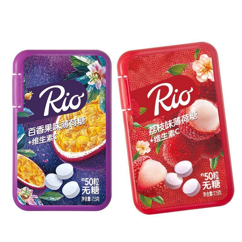 Rio ลูกอมจูบปราศจากน้ําตาลวิตามินซีลูกอมมิ้นต์ VC รสผลไม้คอร์เซ็ตลมหายใจสดชื่นกล่องพกพา 3.25